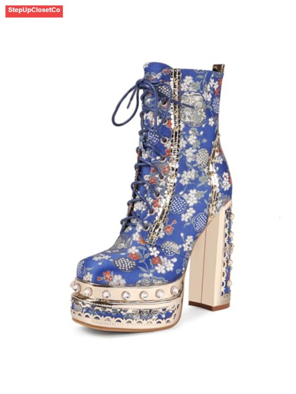Floral Embroidered Platform Lace Up Ankle Boots Block Heel
